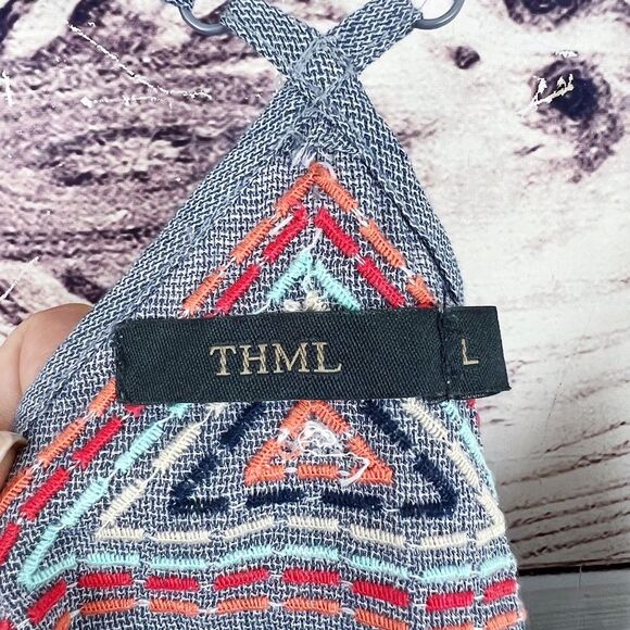 THML ✨Anthropologie✨ Blue Embroidered Tassel Top Sz Large - Picture 6 of 6